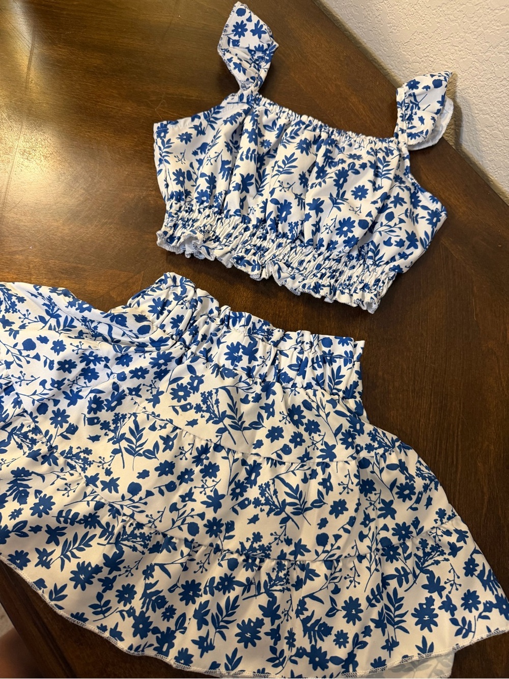 SHEIN Blue and White Floral Smocked Crop Top Set